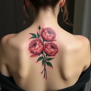 Elegant Peony Bloom Tattoo on the Upper Back