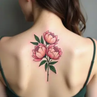 Ethereal Peony Bloom Tattoo on the Upper Back