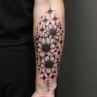 Ornate Floral and Star Tattoo Design for Men