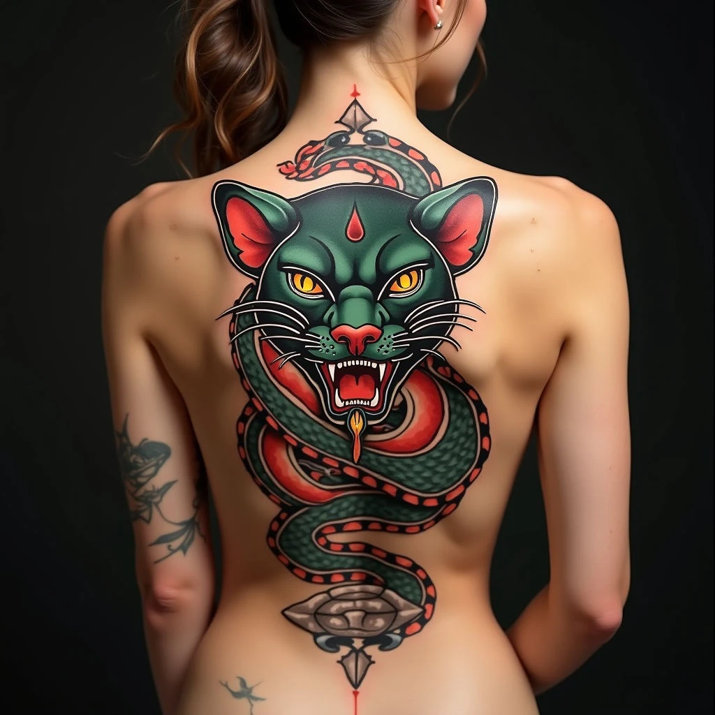 Intricate Panther and Serpent Back Tattoo
