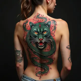 Intense Panther and Serpent Back Tattoo