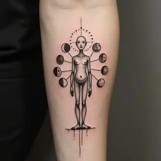 Illustrative Figure and Lunar Phases Tattoo for Men