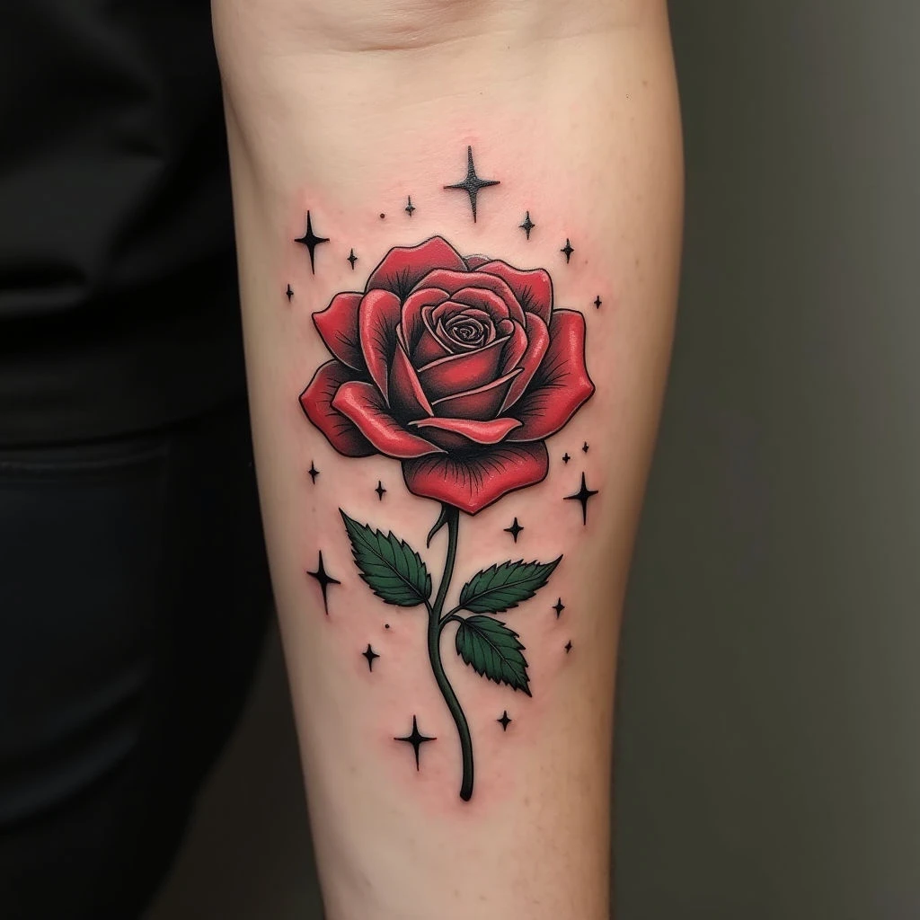 Neo-Traditional Rose and Star Tattoo on Forearm