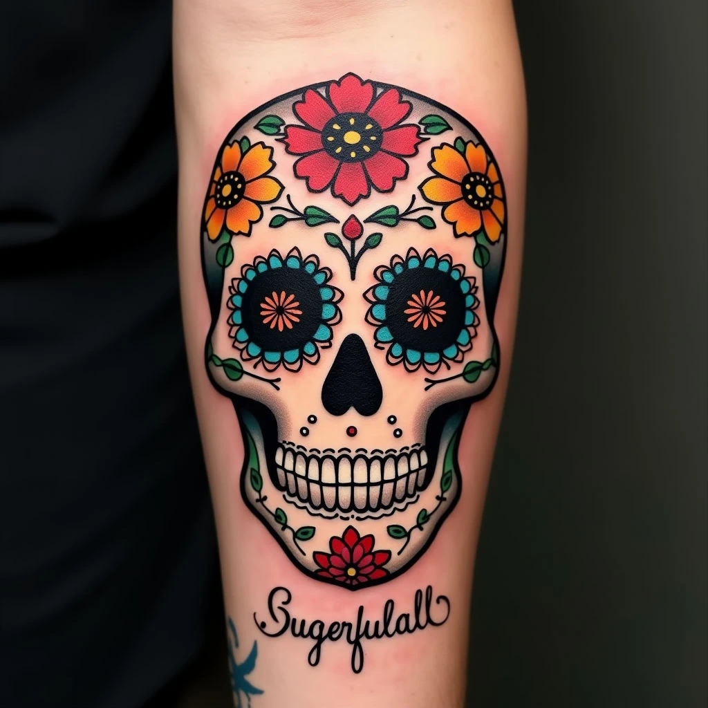 Vibrant Sugar Skull Forearm Tattoo: A Celebration of Life and Heritage