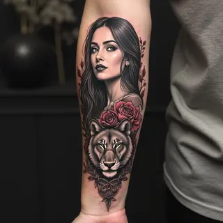 Dynamic Forearm Tattoos: Portrait, Lion, and Celtic Wolf Designs