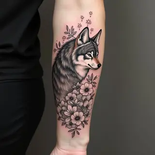 Intricate Wolf and Floral Forearm Tattoo Design