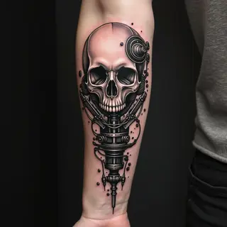 Intense Biomechanical Skull Forearm Tattoo Design