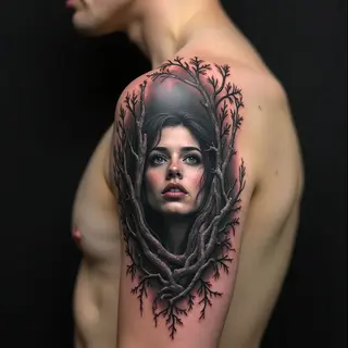 Ethereal Forest Portrait Shoulder Tattoo