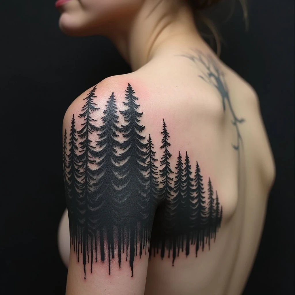 Ethereal Forest Shoulder Tattoo: A Study in Shading and Detail