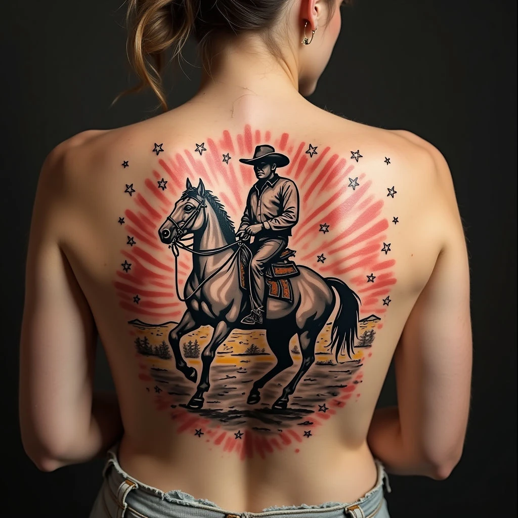 Vintage Cowboy & Horse Back Tattoo Design