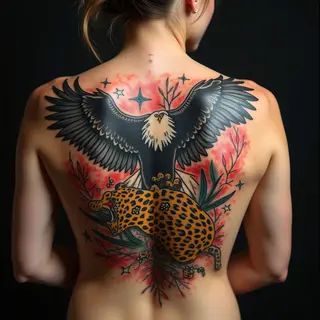 Majestic Eagle and Leopard Back Piece Tattoo