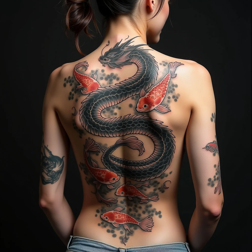 Intricate Japanese Dragon and Koi Back Tattoo Design