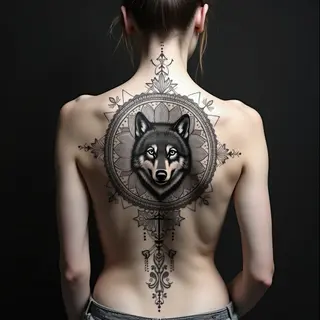 Intricate Geometric Wolf Mandala Back Tattoo Design