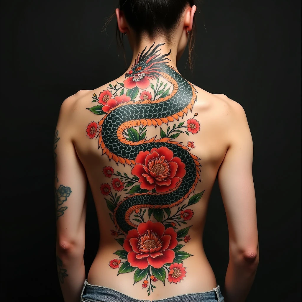 Full Back Irezumi Dragon and Floral Design