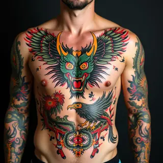 Full Chest Traditional Japanese Mythology Tattoo