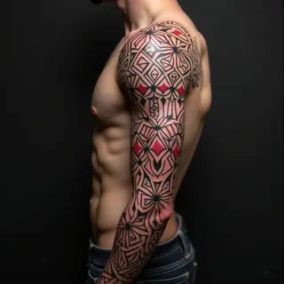 Geometric Ornamental Sleeve Tattoo in Black and Red