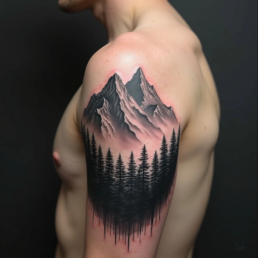 Mountain Forest Shoulder Tattoo: A Study in Black and Grey Realism