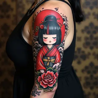 Full Sleeve Kokeshi Doll Japanese Tattoo Design