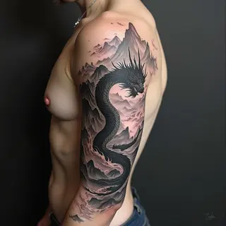 Ink Wash Dragon Landscape Full Sleeve Tattoo Design