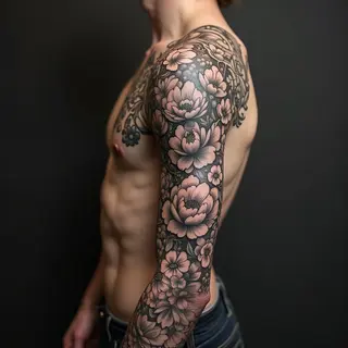 Intricate Japanese Floral Full Sleeve Tattoo Design