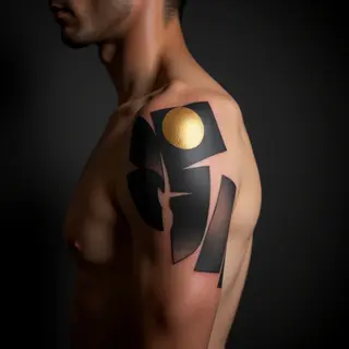 Geometric Abstract Shoulder Tattoos in Black & Gold