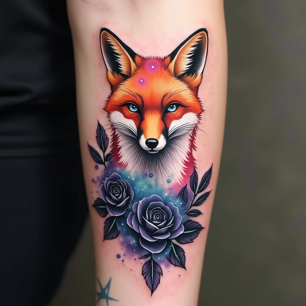 Cosmic Fox and Floral Harmony: A Tattoo Design Inspiration