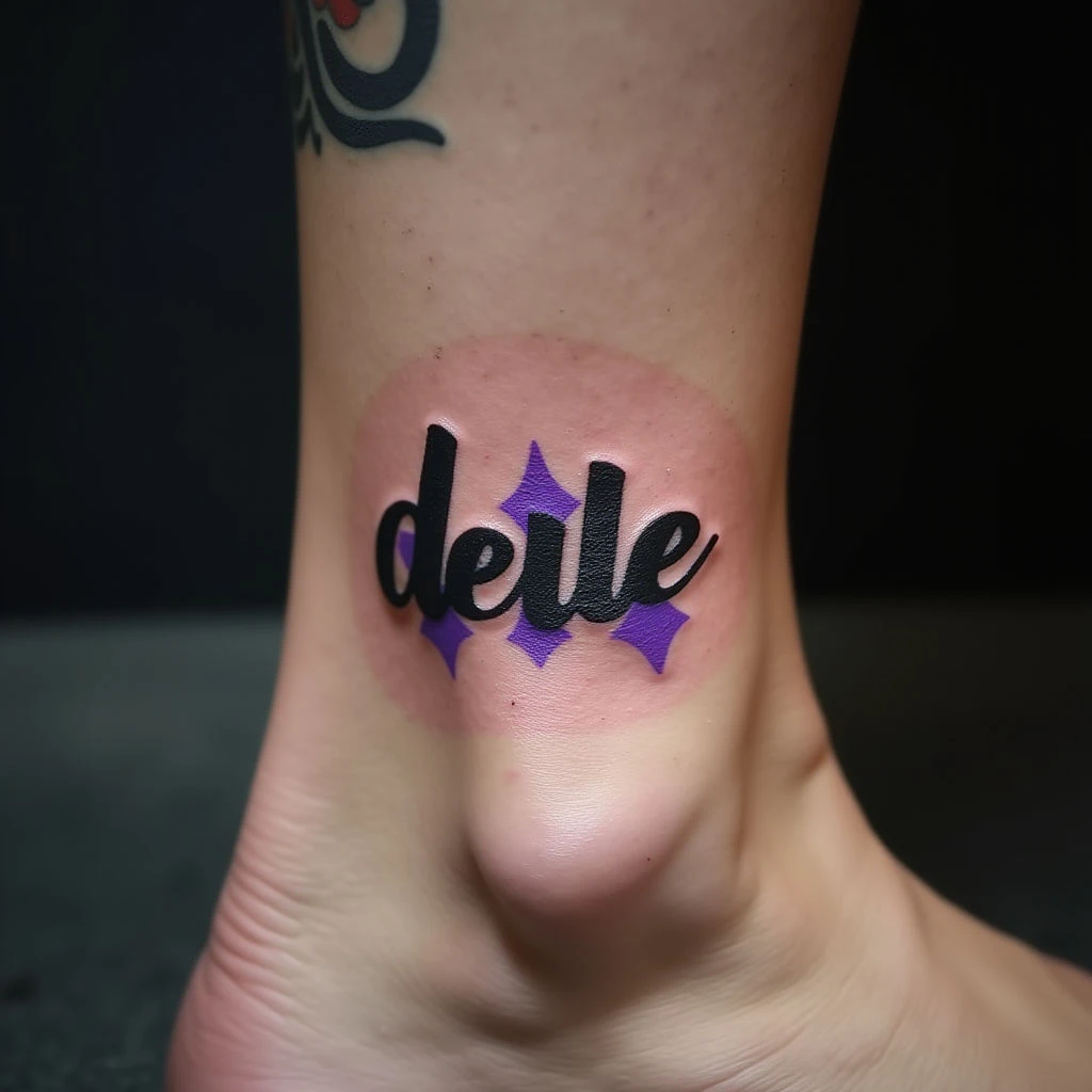 Bold Ankle Lettering Tattoo for Men: Geometric Design in Blue & Purple