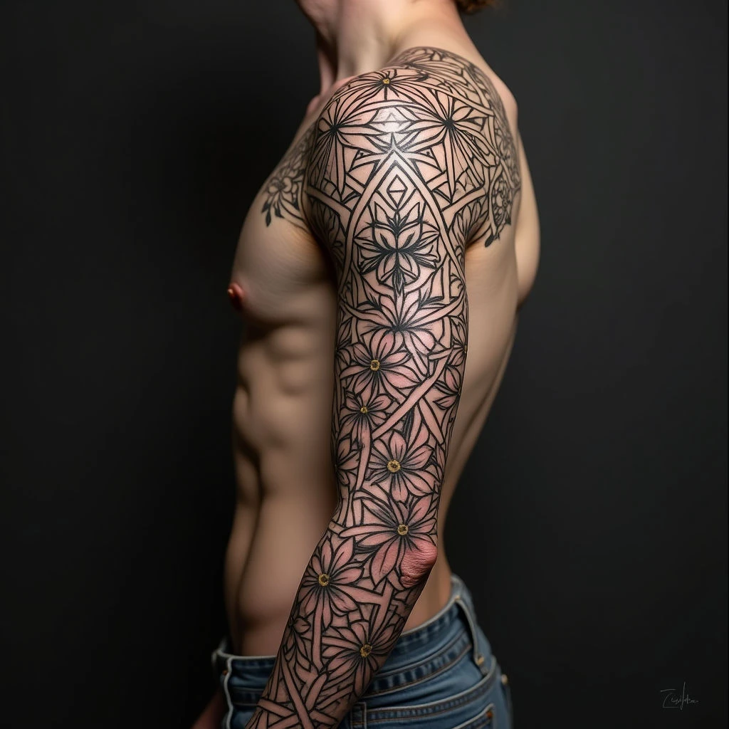Intricate Geometric Blackwork Sleeve Tattoo