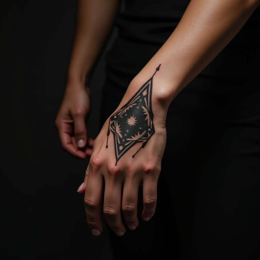 Tiny Blackwork Geometric Hand Tattoo for Women
