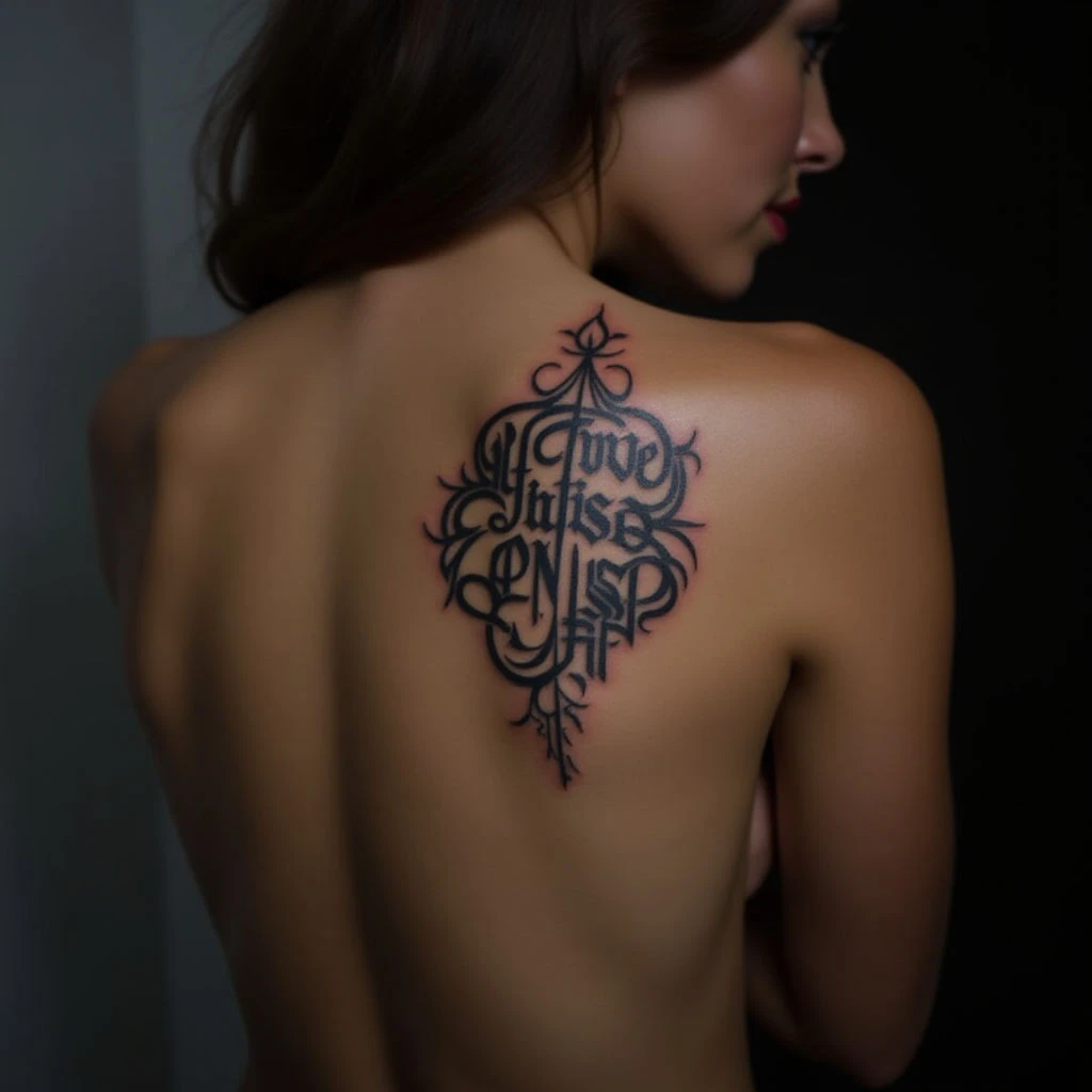Elegant Blue-Black Calligraphy Shoulder Tattoos for Women