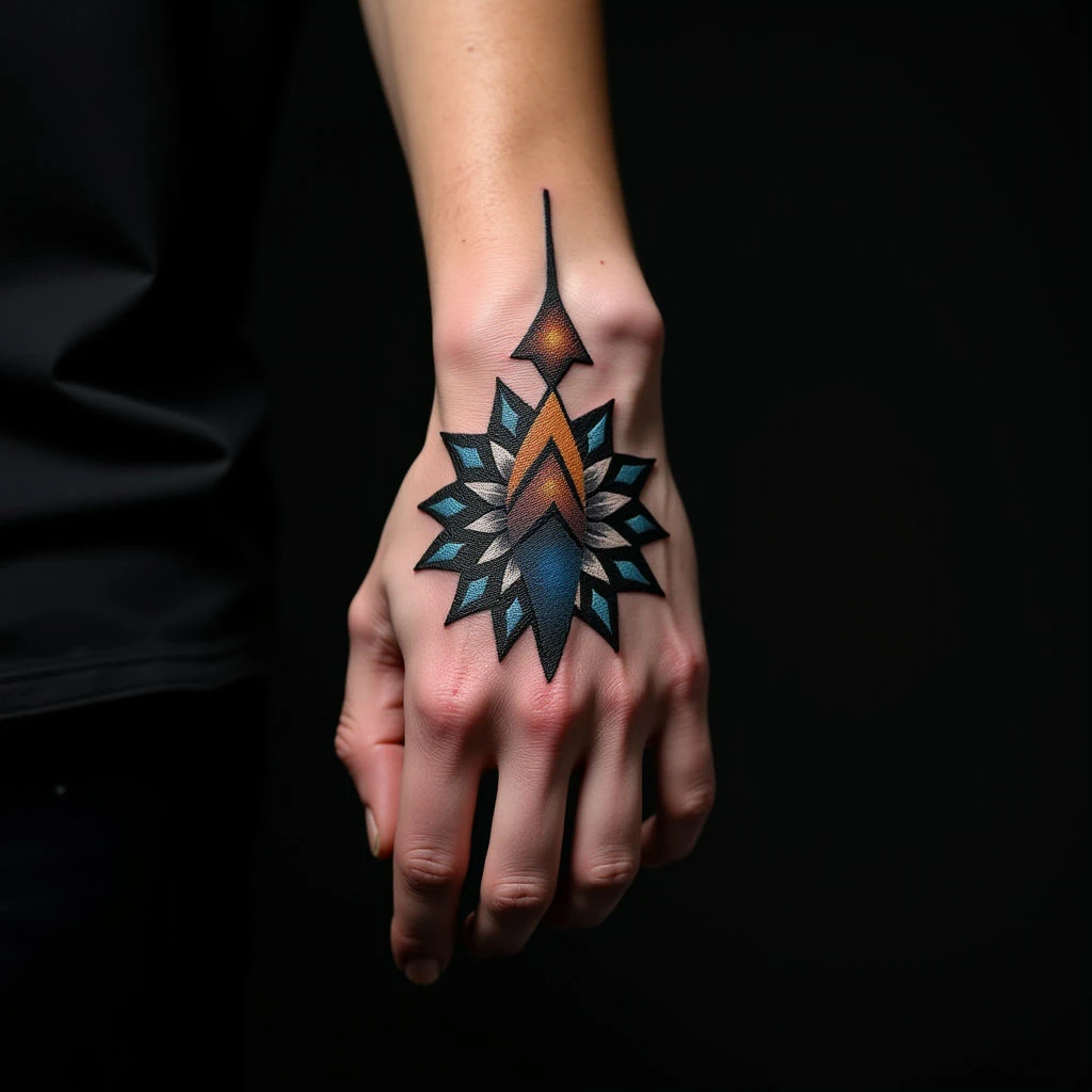 Small Chakra Tattoos on Hand: Blue & Gold Geometric Designs