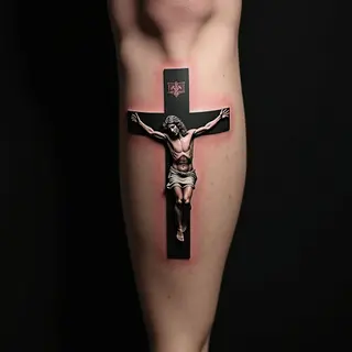 Striking Geometric Christian Tattoos for Women on the Calf