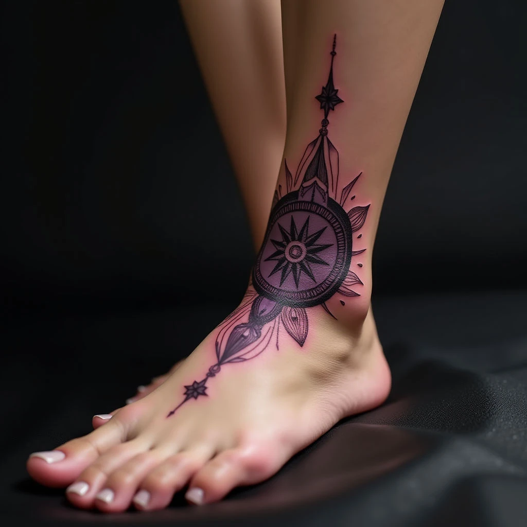 Purple Compass Sleeve Tattoo Design for Your Foot