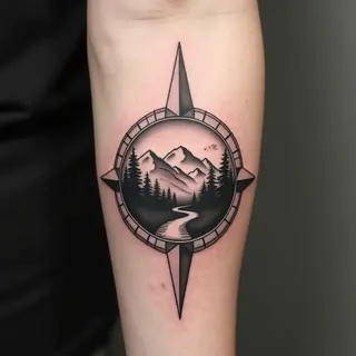 Geometric Compass Tattoo with Mountain Landscape