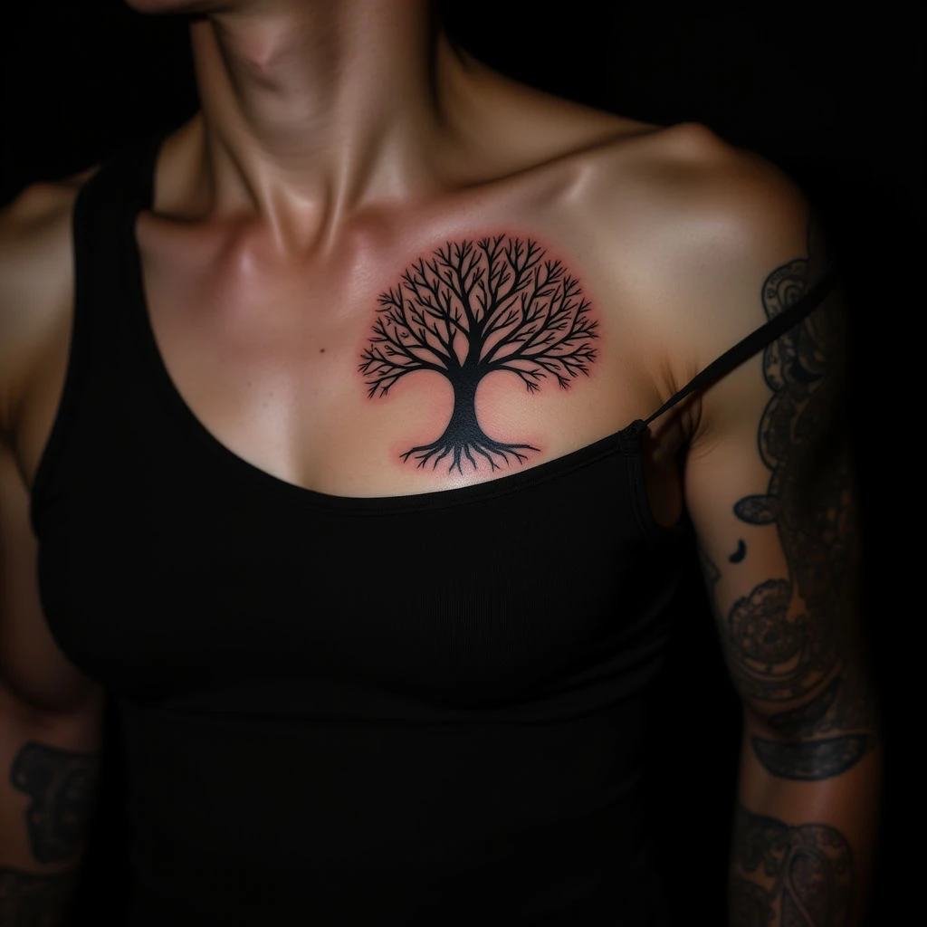 Geometric Family Tree Tattoo on Chest: A Modern Legacy