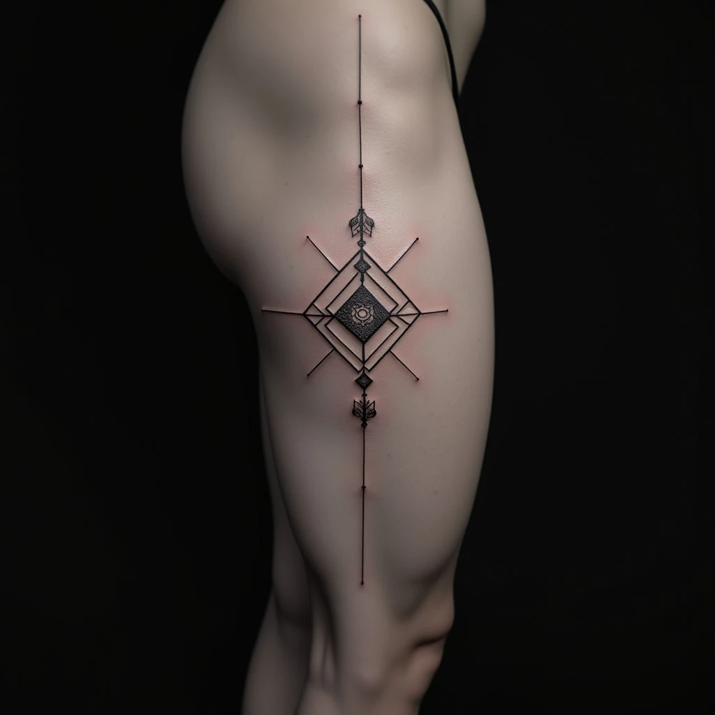 Small Geometric Fine Line Tattoos for Men - Thigh Ideas