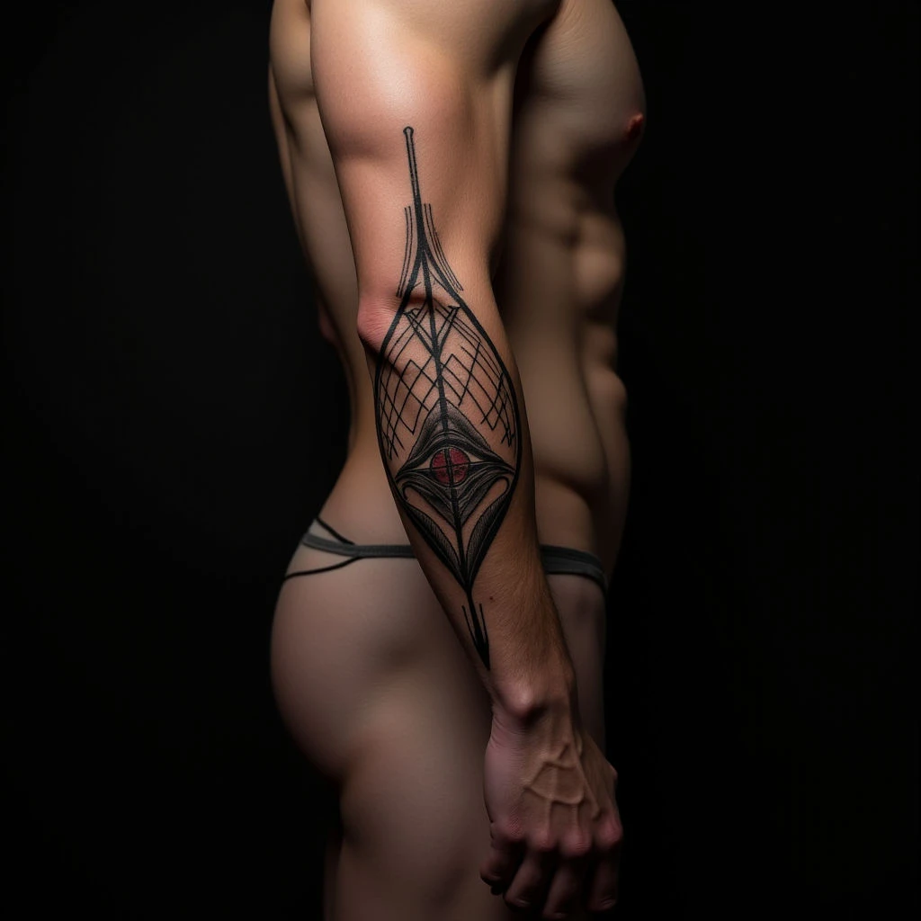 Subtle Gothic Geometric Hip Tattoos: Delicate Brown Designs