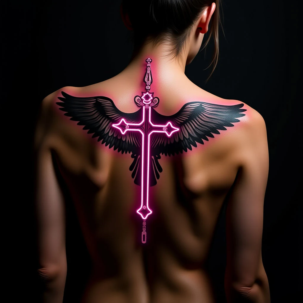 Neon Gothic Religious Back Tattoos for Women: Sacred Geometry