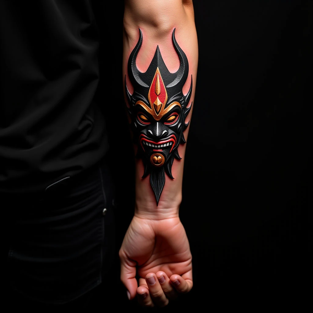 Striking Oni Mask Hand Tattoos: Tribal Geometric Designs