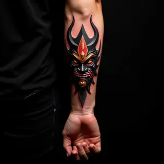Striking Oni Mask Hand Tattoos: Tribal Geometric Designs