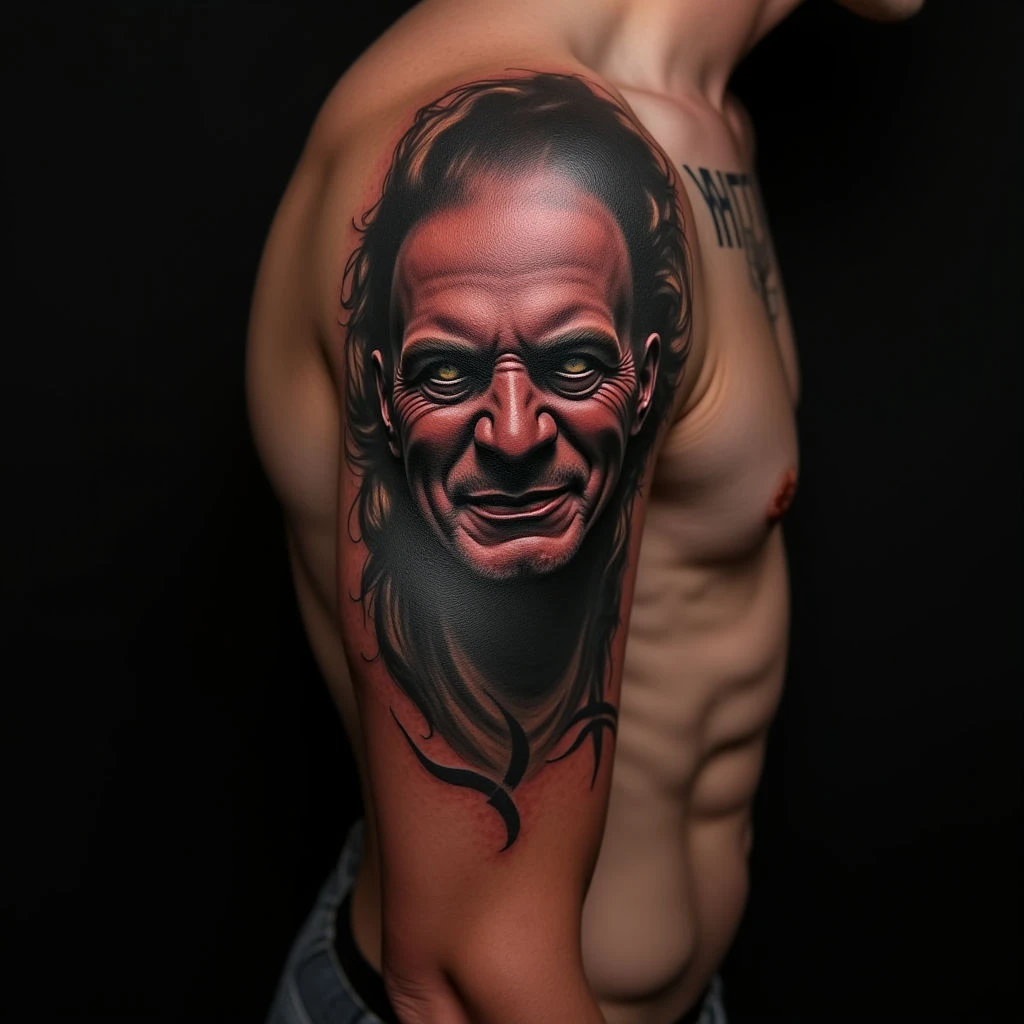 Geometric Head Tattoos: Illustrative Designs in Red, Black & Grey