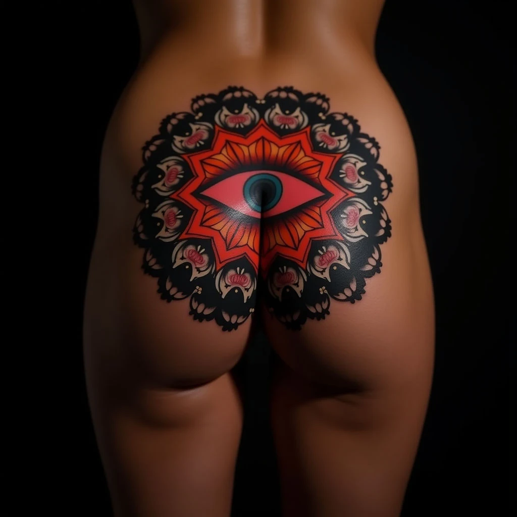 Striking Red & Black Evil Eye Mandala Hip Tattoo Design