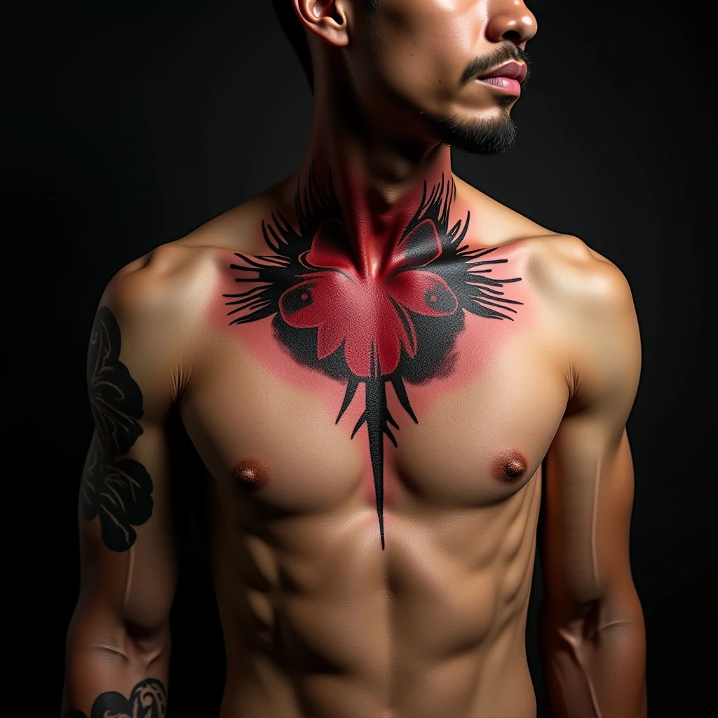 Japanese Geometric Collarbone Tattoo: Red & Black XXL Design for Men