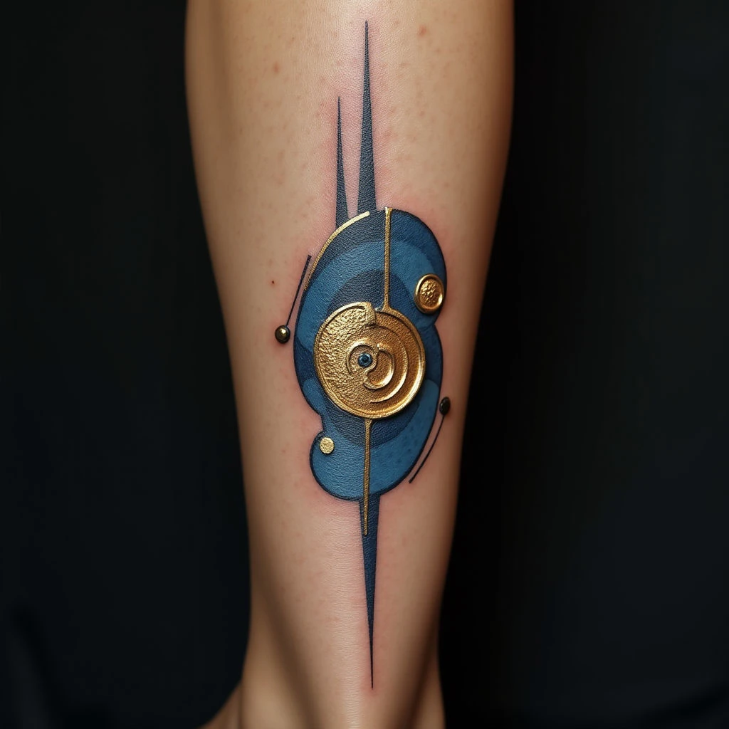 Geometric Leg Tattoos: Abstract Blue & Gold Designs for Inspiration