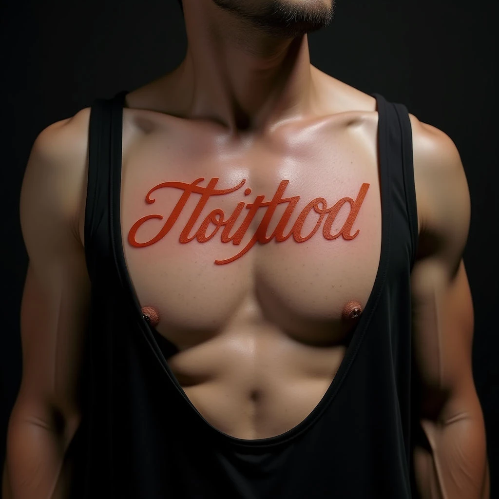 Bold Geometric Lettering Tattoo for Men - Red & Orange Chest Piece