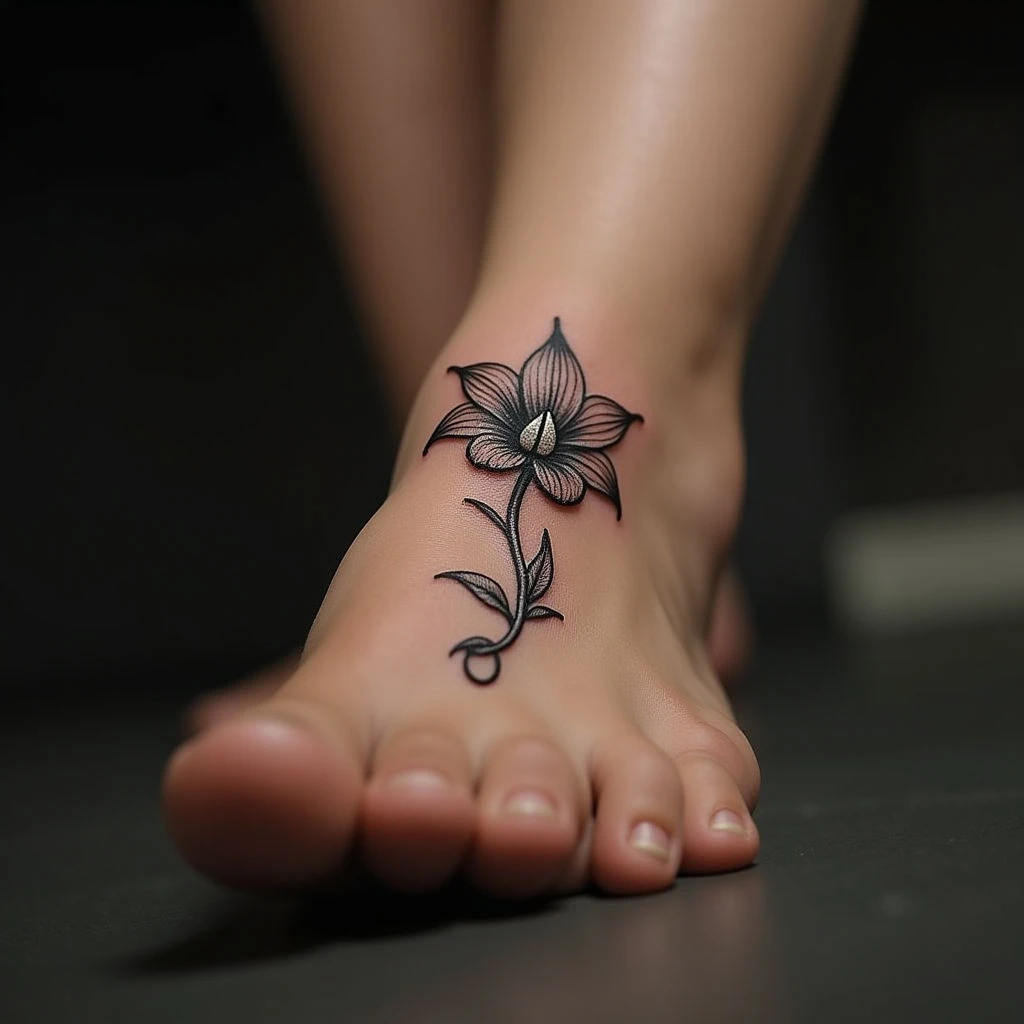 Tiny Lily Flower Tattoo on Foot: Blackwork Geometric Design