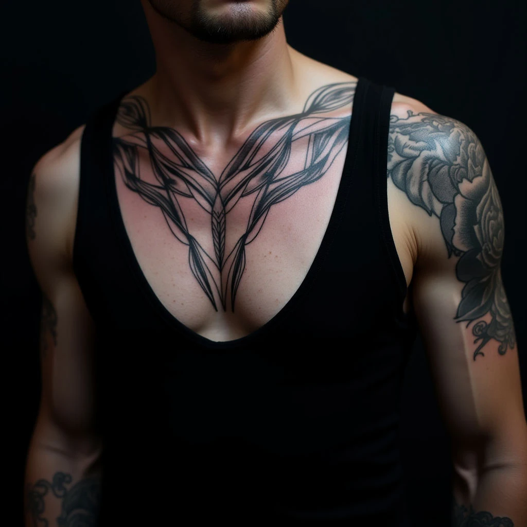 Geometric Chest Tattoos: Linework Designs in Black, Grey & Blue