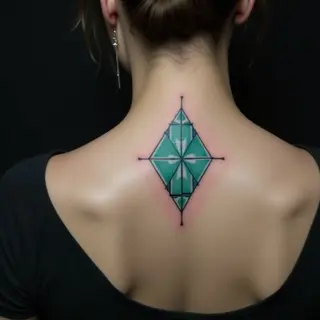 Geometric Collarbone Tattoos for Women: Blue & Green Linework Designs
