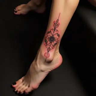 Small Red & Black Linework Foot Tattoos for Women