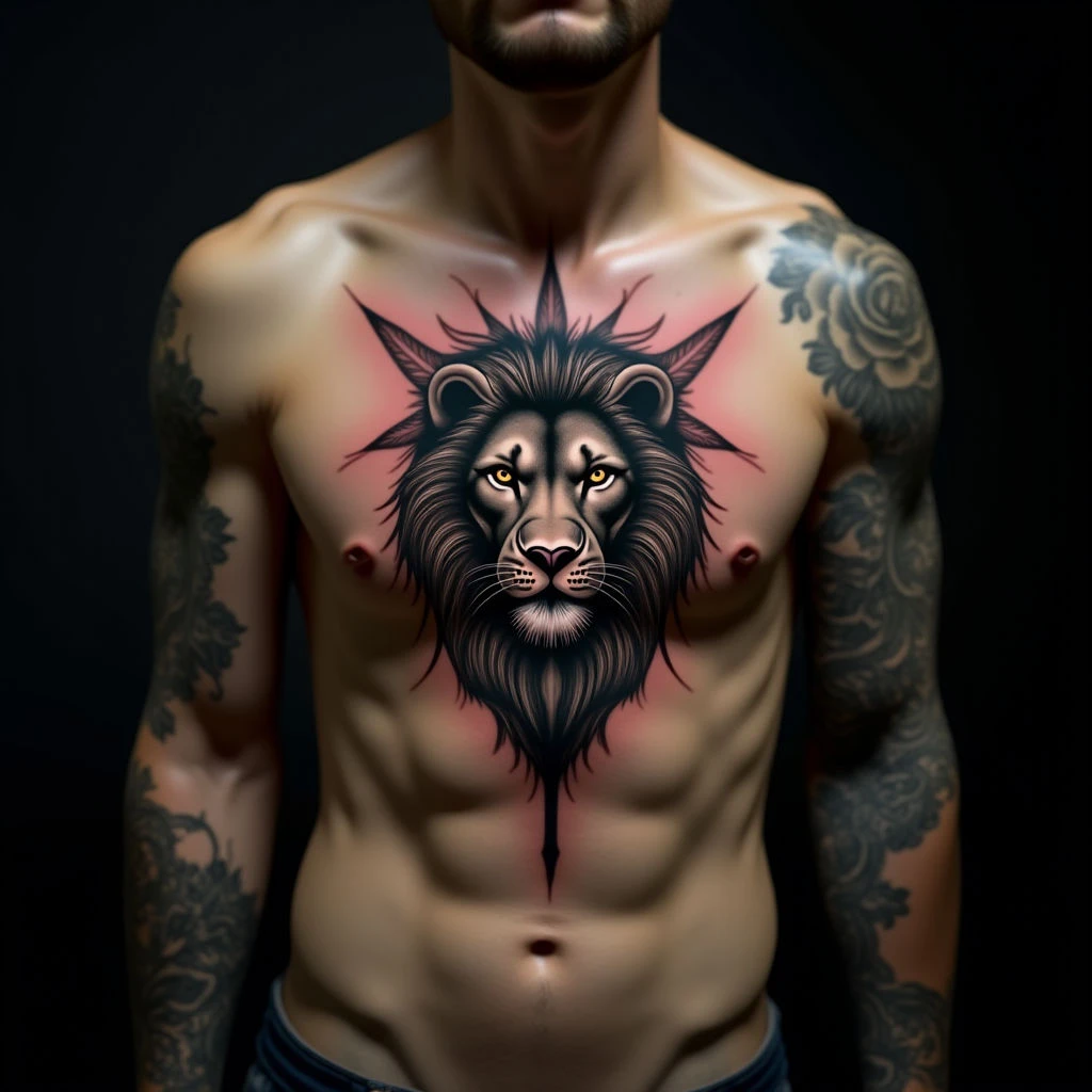 Gothic Lion Tattoo on Sternum - Geometric Red & Black Design